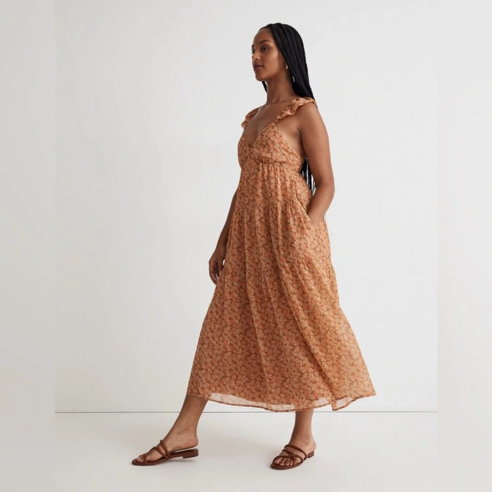 Madewell Georgette Ruffle-Sleeve Midi Long Floral Sundress Daisy Meadow Size 8